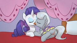 2013 anus bed closed_eyes cutie_mark duo equine female friendship_is_magic grey_fur hair horn horse kissing lying my_little_pony on_front pillow ponchuzn pony purple_hair pussy rarity_(mlp) saddle saliva silver_spoon_(mlp) straight_hair tongue unicorn white_fur yuri