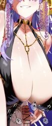 1boy absurdres bare_shoulders bb_(fate) bb_dubai_(fate) belly_chain black_dress blush braid braided_hair_rings breasts censored center_opening chains cleavage dress erection eyes_out_of_frame fate/grand_order fate_(series) female gold_chain grin hair_ribbon hair_rings highres huge_breasts jewelry long_hair meshiiro_(rome_sy) necklace penis purple_hair ribbon smile speech_bubble translation_request twin_braids very_long_hair yellow_ribbon