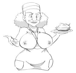 1girls apron apron_only big_breasts breasts chef chef_hat chubby chubby_female human human_female human_only jodero light-skinned_female light_skin line_art madame_catherine mature mature_female old_woman older_female pokemon pokemon_(anime) pokemon_xy_(anime) voluptuous voluptuous_female wide_hips