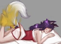 ahri fart fart_cloud fart_fetish farting fox fox_ears league_of_legends legs_up on_stomach panties pillow purple_hair sleep_farting sleeping upskirt