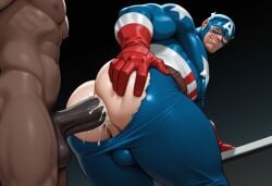 ai_generated anal_sex anal_sex ass_focus bara captain_america captain_america_(series) clothed clothed_sex gay interracial male_only marvel marvel_comics muscular_male ripped_pants steve_rogers superherosuckerrr