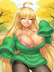 1girls aged_up ahoge ai_generated big_breasts bimbo blonde_hair cartoon_network codename:_kids_next_door earrings fusionfall green_sweater kuki_sanban numbuh_3 pillow_shading pink_bra solo solo_female tan_skin yellow_hair