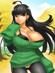 1girls aged_up ahoge ai_generated asian asian_female big_breasts bimbo black_bra black_hair codename:_kids_next_door earring earrings fusionfall green_sweater huge_breasts kuki_sanban long_hair nip_slip nipple_slip numbuh_3 outdoors outside pink_lips pussy pussy_exposed scenery solo solo_female