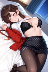 1girls ai_generated bra_open breasts kanojo_okarishimasu lying mizuhara_chizuru shirt_up smile solo