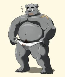 1boy anthro bear big_muscles clothed clothing cum_through_clothing daigo_kumano dialogue japanese_text kemono male male_only mammal musclegut muscular muscular_male navel nipples overweight overweight_male pubes shiba-kenta solo text topless underwear