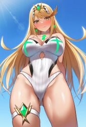 1girls absurdres big_breasts blonde_hair blue_sky breasts choker cloud cloudy_sky core_crystal_(xenoblade) curvy embarrassed female hair_ornament highres large_breasts long_hair looking_to_the_side mythra one-piece_swimsuit outdoors pyo_3300 sidelocks sky solo swept_bangs swimsuit thigh_strap thighs upper_body v white_choker white_one-piece_swimsuit xenoblade_(series) xenoblade_chronicles_2 yellow_eyes