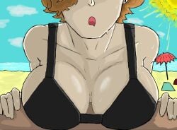 artrus beach beach_umbrella big_breasts bikini_top breasts dg6 focus_on_chest ohegao sea solo solo_female solo_focus