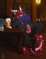 absurd_res alcohol anthro bar barefoot beer beverage cape cel_shading clothing container cup dark_hair drunk eyewear feet genitals goggles hi_res horn knot knotted_penis kobold long_tail male_only penis red_body robe rokru scalie scar seregore shaded solo substance_intoxication tail tavern tavern_background warm_colors