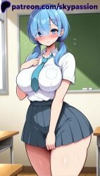 1female 1girls 1woman 2025 2d ai ai_assisted ai_generated alternate_costume alternate_hair_length alternate_hairstyle anime anime_girl anime_style arstist_name black_skirt blue_eyes blue_hair blue_necktie blush breast breast_pocket breasts chalkboard classroom closed_mouth clothed clothed_female collared_shirt cowboy_shot curvy desk dressed english_text eyes_visible_through_hair female female female_focus female_only flying_sweatdrops hair_ornament hair_over_one_eye hand_on_own_chest hi_res high_quality high_resolution highres indoors large_breasts long_hair looking_at_viewer low_twintails miniskirt necktie patreon pleated_skirt pocket re:zero_kara_hajimeru_isekai_seikatsu rem_(re:zero) school_uniform shirt shirt_tucked_in short_sleeves skirt skypassion smile solo stable_diffision sweat thick_thighs thighs twintails watermark white_shirt woman_focus woman_only x_hair_ornament