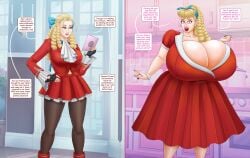 1girls ass_expansion before_and_after black_legwear blonde_hair brainwashing breast_expansion brown_eyes capcom cleavage dress drill_curls drill_hair female female_only fully_clothed fully_clothed_female hi_res highres housewife huge_breasts hypnosis karin_kanzuki no_sex pink_eyes questionable rich_girl saturnxart skirt solo solo_female speech_bubble stepfordization street_fighter