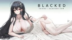 ahoge armlet azur_lane bed_sheet big_breasts black_hair blacked blush breasts cleavage commentary copyright_name dress earrings english_commentary feet_out_of_frame female garter_straps groin hair_between_eyes hair_ornament hand_on_own_hip highres jewelry long_hair looking_at_viewer lying necklace official_alternate_costume on_side panties parted_lips piukute062 piukute062_(artist) plunging_neckline red_eyes ring side_ponytail signature skindentation solo straight_hair taihou_(azur_lane) taihou_(temptation_on_the_sea_breeze)_(azur_lane) thighhighs thighs underwear very_long_hair wedding_band wedding_dress white_dress white_panties white_thighhighs