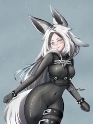 animal_ears artist_name belt black_bodysuit black_gloves blue_background blush bodysuit bracelet breasts bunny_ears closed_mouth covered_navel cowboy_shot dya_rikku_(vtuber) facial_mark female fox_ears fox_tail gloves grey_eyes handwear latex latex_bodysuit lips long_hair looking_at_viewer medium_breasts patreon_username silver_eyes silver_hair skin_tight smile solo standing tail thigh_strap vyugen white_hair