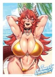 armpits arms_behind_head beach big_breasts blush breasts dragon_girl dragon_horns dragon_tail english_text gold_bikini horns huge_breasts looking_at_viewer ompongworks palm_tree red_hair summer swimsuit tail virtual_youtuber vshojo yellow_eyes zentreya