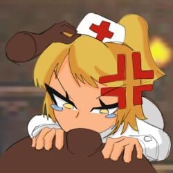 1boy 1girls 2025 angry arms_dealer_(terraria) ass blonde_hair blowjob dark-skinned_male dark_skin deepthroat fellatio female hi_res holding_head interracial light-skinned_female light_skin male male/female nurse nurse_(terraria) nurse_cap nurse_uniform ponytail short_hair tears terraria uwu_(artist) yellow_eyes