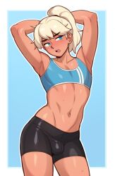 1boy 2025 2d 2d_(artwork) blue_eyes bulge clothing cody_(dross) dross femboy male male_only original original_character solo solo_femboy solo_male sweat sweaty sweaty_body tan_body tan_skin