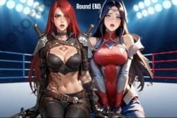 2girls ai_generated ass black_hair blue_hair catfight farting_in_face futanari irelia_xan katarina_du_couteau league_of_legends red_hair wrestling