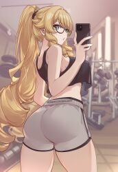 ai_generated alternate_costume ass ass_focus bare_shoulders blonde_hair blue_eyes blush booty_shorts breasts cellphone drill_hair female from_behind genshin_impact glasses huge_ass large_breasts long_hair looking_at_viewer looking_back navia_(genshin_impact) parted_lips ponytail selfie short_shorts shorts sideboob sidi sidillusts solo sweatdrop very_long_hair