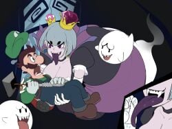 1boy 1girls bigfatfrog3 boo_(mario) boosette cleavage colored_tongue female friend-san froggonmi ghost ghost_girl gloves green_hat green_shirt long_tongue luigi luigi's_mansion male male/female mario_(series) nintendo purple_eyes purple_tongue super_crown tagme tongue