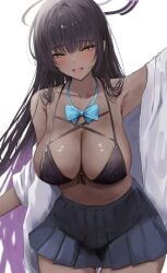 :d absurdly_long_hair absurdres arm_up bikini black_bikini black_hair blue_archive blue_bow blue_bowtie bow bowtie breasts cleavage dark-skinned_female dark_skin female halo highres karin_(blue_archive) karin_(school_uniform)_(blue_archive) large_breasts long_hair looking_at_viewer miniskirt navel off_shoulder official_alternate_costume pleated_skirt purple_halo school_uniform shirt sideboob skirt smile solo stomach swimsuit tei_kaku very_long_hair white_background white_shirt yellow_eyes