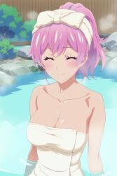 ass ass_focus blue_eyes blush breasts breasts breasts fuufu_ijou_koibito_miman hot_spring looking_at_viewer nude nude_female pink_hair towel towel_only watanabe_akari