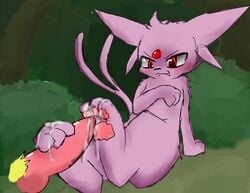 >:3 3_toes :3 ambiguous_gender barefoot black_eyes black_nose black_skin bush canine cum cum_on_feet cum_string eeveelution erection espeon foot_fetish footjob forest fur japanese knot looking_down male nintendo orgasm outside pawpads paws penis pink_penis pink_skin pointy_ears pokemon pokemon_(species) purple_fur raised_leg red_eyes ryoku shadow shiny sitting tree yellow_fur