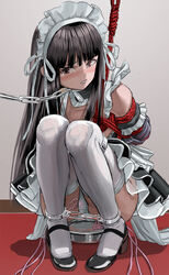 arms_tied_behind_back black_hair brown_eyes chain_leash collar fleda high_heels leash long_hair maid maid_headdress maid_uniform panties rope rope_bondage tagme thighhighs white_panties