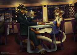 anthro calico_cat canine clothed clothing demon doberman duo erection feline female foot_fetish footjob footjob_under_table furry furry_only horn male mammal no_humans penis public restaurant sevenarms sex sitting smile stealth_sex straight table under_the_table