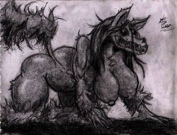 2020 anthro big_nipples canine charcoal female funkysamurai600 glowing_eyes hanging_breasts horror huge_breasts laying_down long_hair mal0 malo monster scp-1471 scp-1471-a scp_foundation seductive shaggy_hair skull tail thick_thighs traditional_media_(artwork) undead voluptuous wide_hips