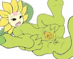 barefoot digimon female female_only green_skin lying nude on_back open_mouth pussy solo spread_legs spread_pussy sunflowmon tagme