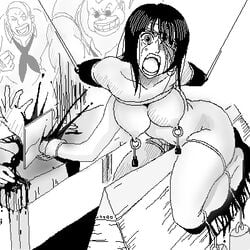 amputation arm bleeding blood blood_stain bondage bound breasts clothing dismemberment exposed_breasts female glasses greyscale guro human injury knife male meat_cleaver monochrome mouth nico_robin nipples one_piece open_mouth pre-timeskip severed_arm straddle straight_hair violence wound