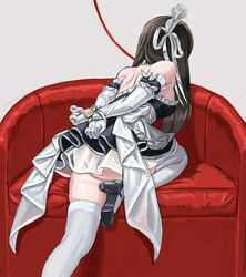 arms_tied_behind_back black_hair collar fleda high_heels leash long_hair maid maid_headdress maid_uniform panties rope rope_bondage tagme thighhighs white_panties