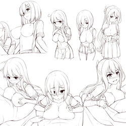 3: 3girls bare_shoulders blush breasts cleavage collarbone female hair_ornament hair_over_one_eye hair_ribbon hairclip hamakaze_(kantai_collection) hand_on_another's_head hands_on_own_chest hanging_breasts kantai_collection large_breasts line_art male monochrome multiple_girls naganami_(kantai_collection) nipple_tweak nipples open_clothes open_shirt paizuri penis ribbon school_uniform serafuku shirt_lift shirt_pull skirt straight tears uni8 ushio_(kantai_collection)