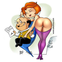 alex_hiro ass bob_cut boss_(supervisor) bottomless chair cheating george_jetson hanna-barbera high_heels husband jane_jetson milf mr._spacely netorare orange_hair penis promotion purple_thighhighs pussy sci-fi short_hair size_difference smile the_jetsons thighhighs thumbs_up voyeur voyeurism watching