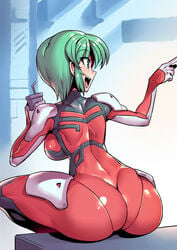 1girls ass big_ass blue_eyes blush bodysuit breast breasts bubble_butt butt butt_crack curvy female from_behind green_hair huge_ass human large_breasts light-skinned_female light_skin martian_successor_nadesico narrow_waist open_mouth pilot_suit purple_eyes red_bodysuit ryoko_subaru shiny shiny_clothes shiny_hair short_hair sideboob sitting smile solo thick_thighs thighs tomboy toned tsuki_wani voluptuous wide_hips