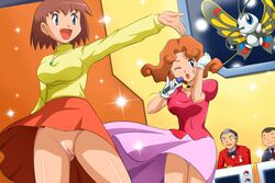 2boys 2girls 3:2_aspect_ratio beautifly blouse blue_eyes breasts brown_hair cameltoe clavicle clothing desk dress female flying formal human human_only janet_(pokemon) jewelry large_breasts long_hair male medium_breasts megumi_(pokemon) microphone mr._sukizo_(pokemon) multiple_boys multiple_girls necklace nintendo no_panties one_eye_closed open_mouth orange_hair orange_skirt outstretched_arm panchira panchira_(standing) pink_dress pink_skirt poke_ball poke_ball_(basic) poke_ball_(generic) pokemoa pokemon pokemon_(anime) pokemon_(game) pokemon_character pokemon_rse pokemon_species pokemon_the_series:_ruby_&_sapphire raoul_contesta red_blouse red_skirt shiny shiny_skin shirt short_hair skirt slender_waist smile soara sparkle sparkles sparkling standing sweater tongue turtleneck underwear upskirt vivian_(pokemon) white_panties white_underwear wide_hips wind_lift windy_skirt wink yellow_shirt