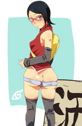 1girls ass black_eyes black_hair blush boruto:_naruto_next_generations bubble_butt covered_erect_nipples embarrassed erect_nipples erect_nipples_under_clothes female female_only glasses looking_at_viewer looking_back naruto panties sarada_uchiha short_hair solo standing sunahara_wataru thighhighs thighs young young_female