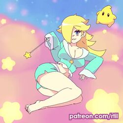 1girl 1girls animated barefoot blonde_hair blush blushing cleavage feet full_body hair_over_one_eye light-skinned_female light_skin long_hair luma mario_(series) mp4 nintendo no_sound on_back princess_rosalina rtil shorter_than_10_seconds shorter_than_30_seconds spread_legs spreading_legs super_mario_galaxy video