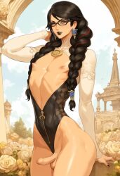 ai_generated bare_chest bayonetta bayonetta_(character) black_hair braided_twintails braids detailed_background earrings femboy feminine_male genderswap_(ftm) looking_at_viewer male_only small_penis small_testicles solo twintails