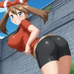 ai_generated big_ass big_breasts bike_shorts blue_eyes blush brown_hair busty creatures_(company) curvy female female_only from_behind from_below game_freak hairbow hi_res highres looking_at_viewer may_(pokemon) may_(pokemon_oras) nintendo outdoors pokemon pokemon_(game) pokemon_trainer pony_diffusion_xl red_shirt seraphim_ai smile solo spandex spandex_shorts stable_diffusion thick_thighs wall