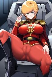 1girls ai_generated breasts cameltoe cyborg_okara female female_focus female_only gundam gundam_unicorn legwear lewd_expression light-skinned_female looking_at_viewer military_uniform mineva_lao_zabi okara orange_hair pussy red_clothing sitting_down solo_female spread_legs stable_diffusion throne tights