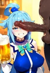 1boy 1girls ai_generated alcohol aqua_(konosuba) areolae bangs bare_shoulders beer beer_mug blue_eyes blue_hair blue_shirt blush breasts clothing cup curvaceous curvaceous_female curvaceous_figure curvy curvy_figure dark-skinned_male dark_skin detached_sleeves drink drinking_glass erect_nipples erection female female_focus green_bow grin hair_ornament hair_rings holding holding_cup interracial kono_subarashii_sekai_ni_shukufuku_wo! large_breasts large_penis light-skinned_female long_hair looking_at_viewer male mug nakatori nipples open_mouth penis penis_awe penis_on_face smile solo_focus straight teeth testicles tied_hair uncensored veins veiny_penis voluptuous voluptuous_female