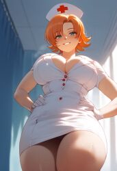 1girls ai_generated big_breasts cleavage gloves hat huge_breasts looking_at_viewer nora_valkyrie nurse nurse_uniform orange_hair rwby short_hair smile solo sweat thick_thighs usernyn white_gloves wide_hips