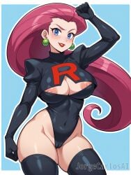 1girls ai_generated big_breasts black_clothing blue_eyes blush blush_lines blushed breasts cameltoe earrings female female_focus female_only jessie_(pokemon) jorgecarlosai leotard lipstick long_hair mature mature_female mature_woman navel nipples open_clothes pokemon pokemon_(series) purple_hair red_lipstick standing team_rocket team_rocket_uniform thick thick_ass thick_thighs thighhighs thighs tight_clothing toned toned_female very_long_hair watermark wide_hips