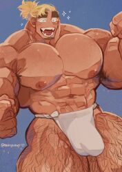 armpit_hair balls bara big_balls big_muscles big_penis blush bulge facial_hair flaccid fundoshi fundoshi_only male male_only marototori muscles muscular penis solo solo_male