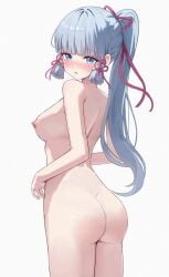 1girls aftamc ass blue_eyes blue_hair blush breasts eyebrows_visible_through_hair eyelashes female_only genshin_impact hair_ornament hoyoverse kamisato_ayaka looking_at_viewer looking_back mihoyo open_mouth ribbon tied_hair tongue