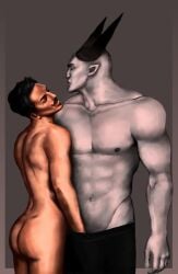 2boys abs anthro ass ass_cleavage bara beauty_mark biceps big_ass black_hair canon_couple closed_eyes completely_nude couple curvy curvy_body dark-skinned_male dark_hair dark_skin dorian_pavus dragon_age dragon_age_inquisition duo facial_hair gay gay_male gay_sex grey_body grey_skin hand_in_pants horn horns human iron_bull mage male male/male male_only mole moustache muscles muscular muscular_male naked naked_male nipples nude nude_male pansexual_male pants pecs pointy_ears qunari standing standing_position tagme_(artist) unknown_artist video_games yaoi