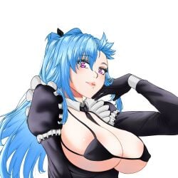 1girls akeno_(itsnafulol) between_breasts bikini blue_hair blush breasts cleavage commanderolympus frills gloves hair_between_eyes hair_over_one_eye hand_on_head huge_breasts long_hair looking_at_viewer looking_down maid maid_bikini necktie nipples pink_eyes smile twintails unconventional_maid