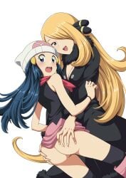 2girls age_difference ass blonde_hair blue_eyes blue_hair blush commission commissioner_upload cynthia_(pokemon) dawn_(pokemon) grabbing_ass looking_at_viewer multiple_girls pokemon pokemon_dppt smile suitenan yuri