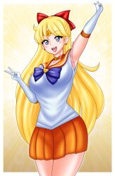 1girls bishoujo_senshi_sailor_moon blonde_hair blue_eyes bow cleavage clothing large_breasts medium_breasts minako_aino pin_up sailor_venus school_uniform shirt skirt treezero