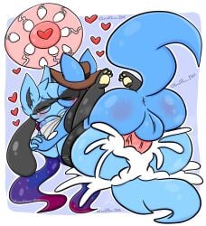 anthro anthro_penetrating anus balls blue_body bodily_fluids breasts clothing cum cum_inside duo ejaculation female generation_4_pokemon genital_fluids genitals hat headgear headwear heart_symbol hi_res impregnation kissing lewdchuu_(artist) male male/female nintendo ovum ovum_with_heart penetration penis pokemon pokemon_(species) riolu scarf sperm_cell tail